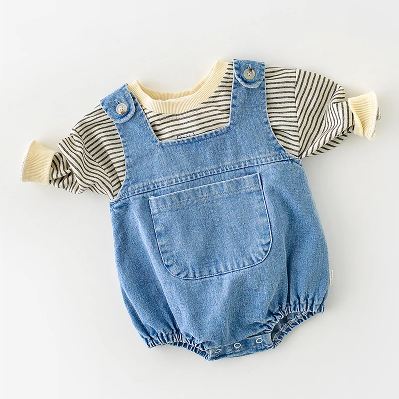 

Baby Girl Boy Denim Bodysuits for Infants Casual Solid Strap Romper Spring Summer Cotton Sleeveless Kids Clothes Girls Costumes