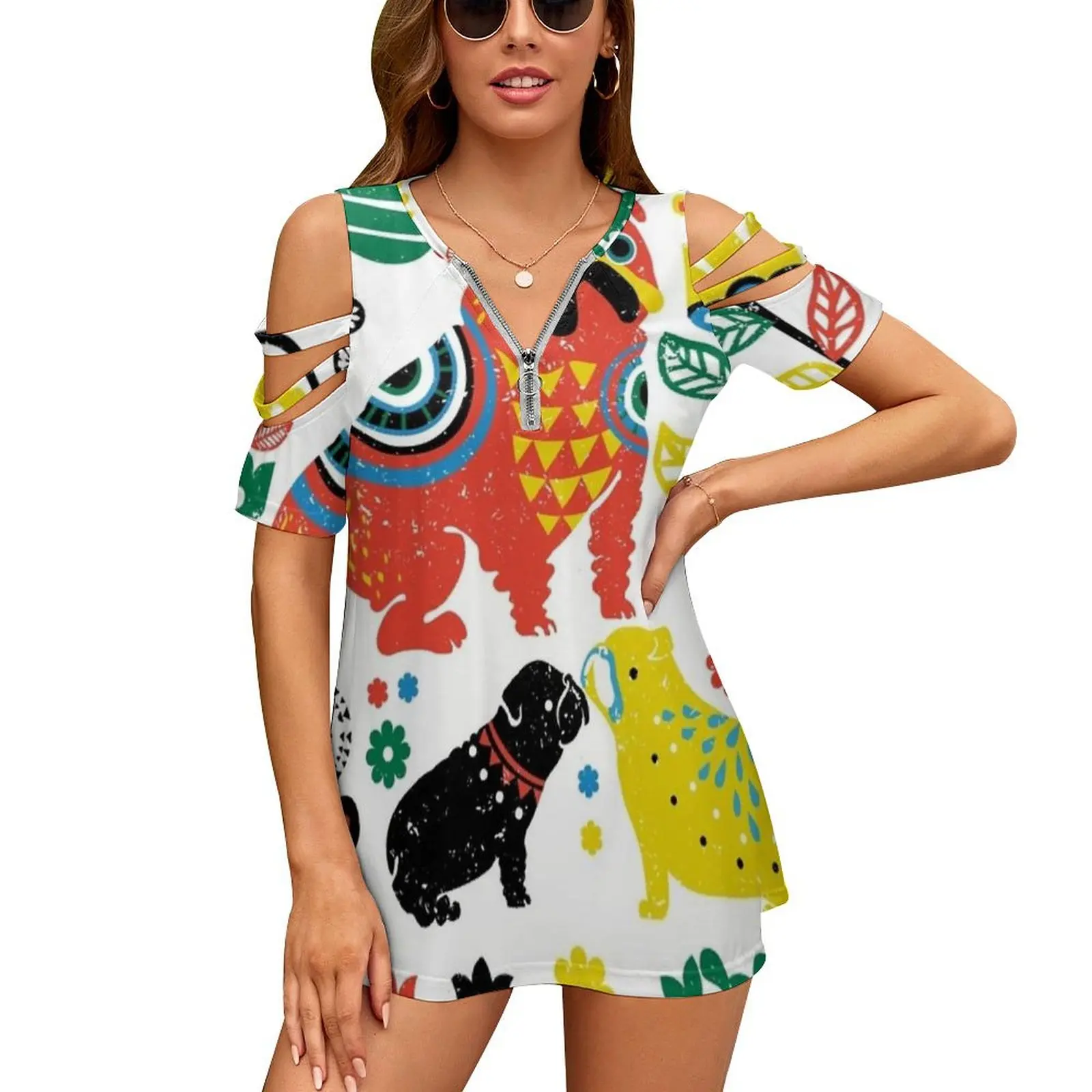 

Женская рубашка с коротким рукавом, топ в скандинавском стиле с открытыми плечами и молнией на английском Бульдог