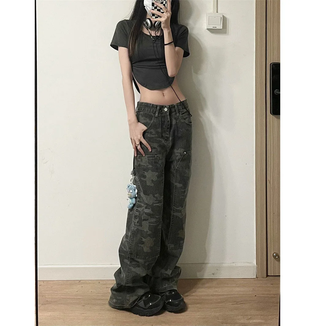 New camouflage Green Cargo Pants women Y2K hippy low waist jeans retro street wear Harajuku army Wide Leg Jeans Pants