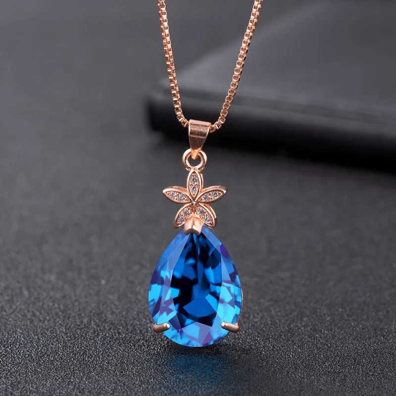 

DIWENFU 14K Rose Gold 45cm Necklace Sapphire Pendant for Women Collares Mujer Pendant Bohemia Naszyjnik Blue Topaz Bizuteria