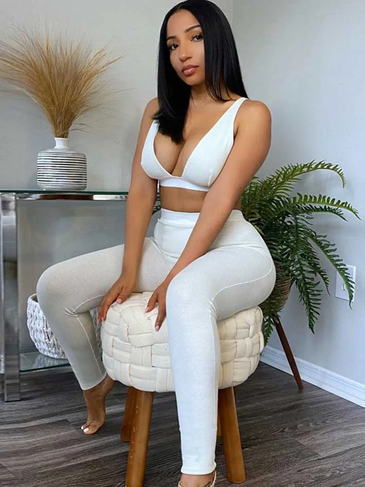 

Ribbed Women 2 Pieces V Neck Bra Leggings Set Crop Top Matching Co Ords 2022 Autumn Winter Clothes Sporty Tracksuit Club