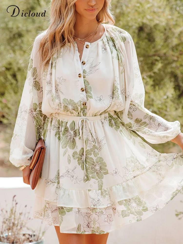 

Женское шифоновое платье с оборками и цветочным принтом DICLOUD, Элегантное повседневное платье трапециевидной формы с круглым вырезом и пуго...