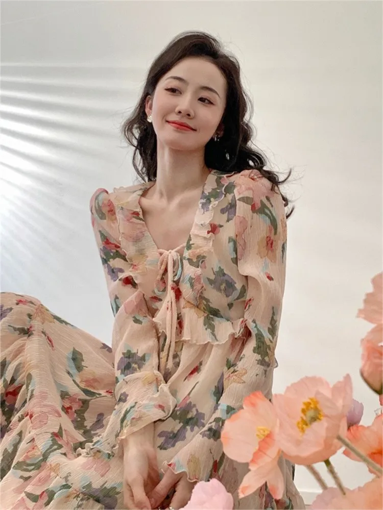 

Женское шифоновое платье с оборками, желтое или розовое платье макси с длинным рукавом, на завязках