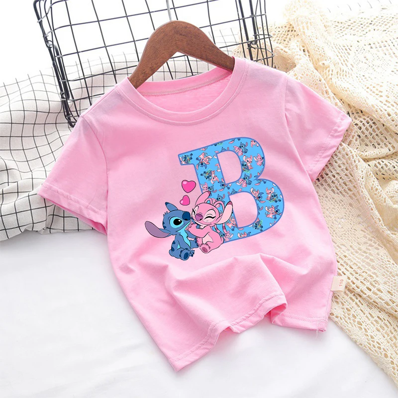 Фото Футболка с вышивкой Disney для девочек, детская одежда, топы, детская одежда с буквами A-Z, хлопковая одежда с короткими рукавами, летние милые подарки для детей №2