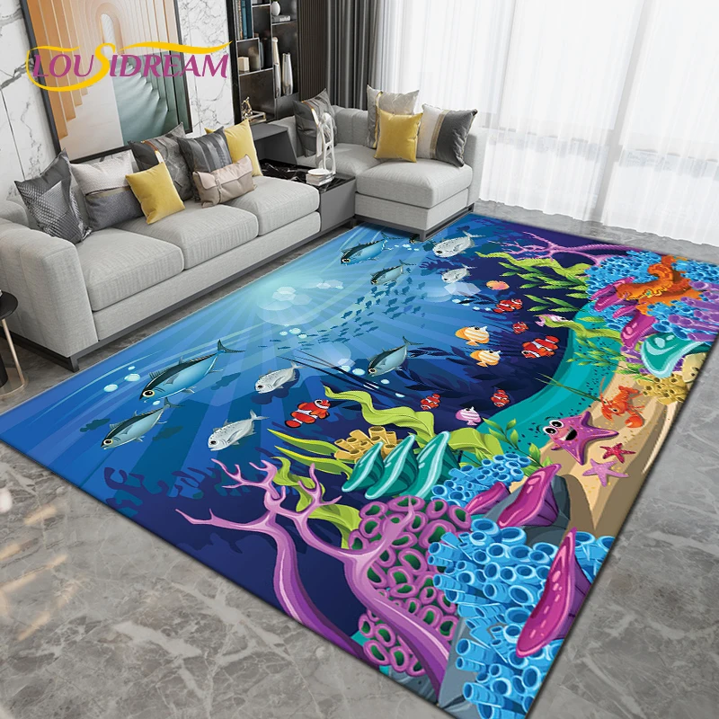 Ocean Underwater World Fish Dolphin Shark Area Rug,Carpet Rug for Living Room Bedroom Sofa,Kitchen Bathroom Non-slip Floor Mat