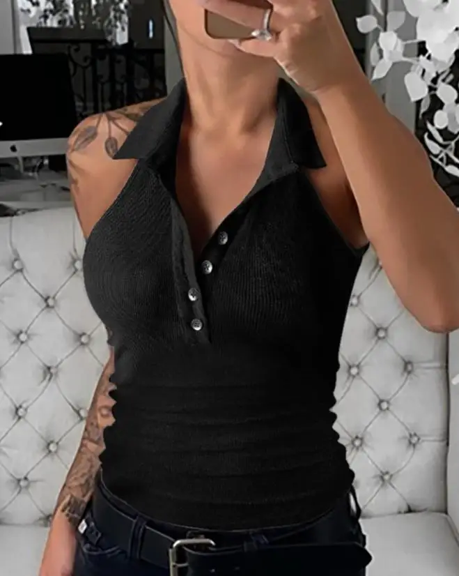 

Button Front Sleeveless Ribbed Tank Top Women's Shirt Tank Top Solid Fashion V-Neck Off Shoulder High Street Street Clothing