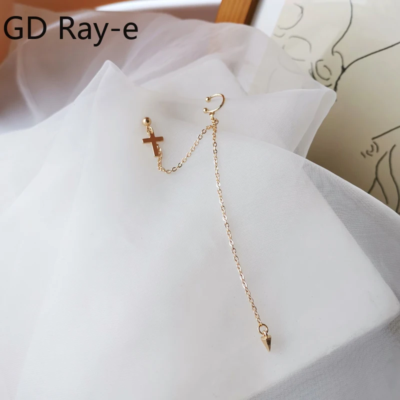 

New Fashion Women Cross Ear-clip Earrings Chic Simple Cross And Spike Chain Long Tassel Ear Cuff for Students Jewelry 702