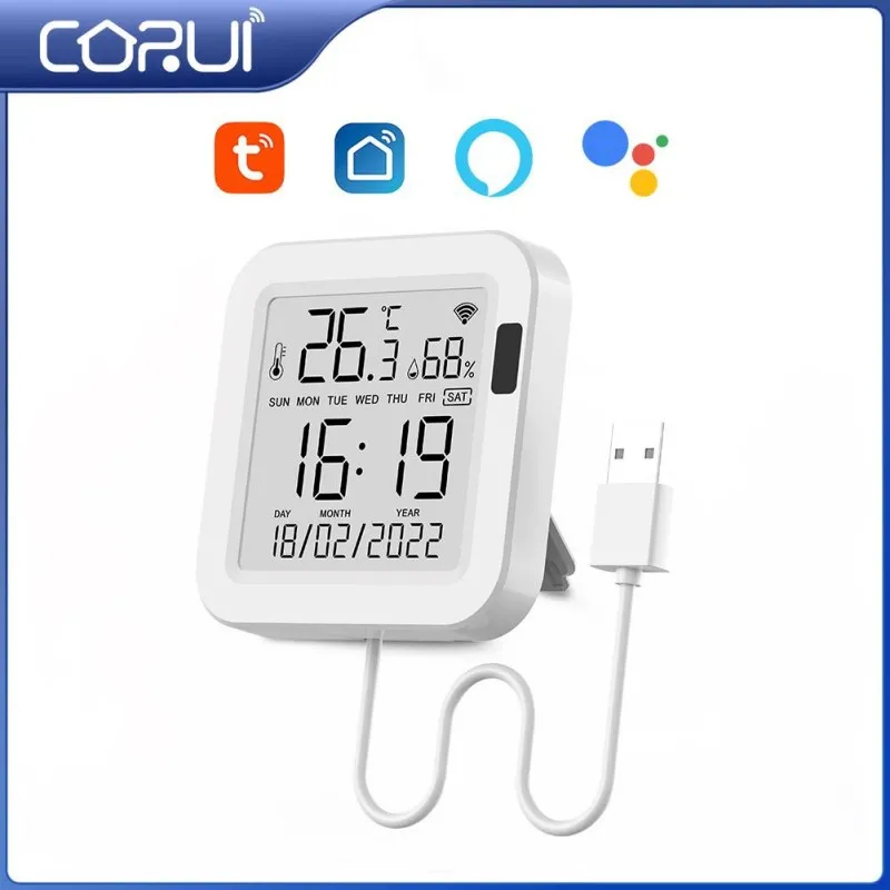 

Умный Wi-Fi датчик температуры и влажности CORUI Tuya, комнатный гигрометр, термометр с ЖК-дисплеем, поддержка Alexa Google Assistant