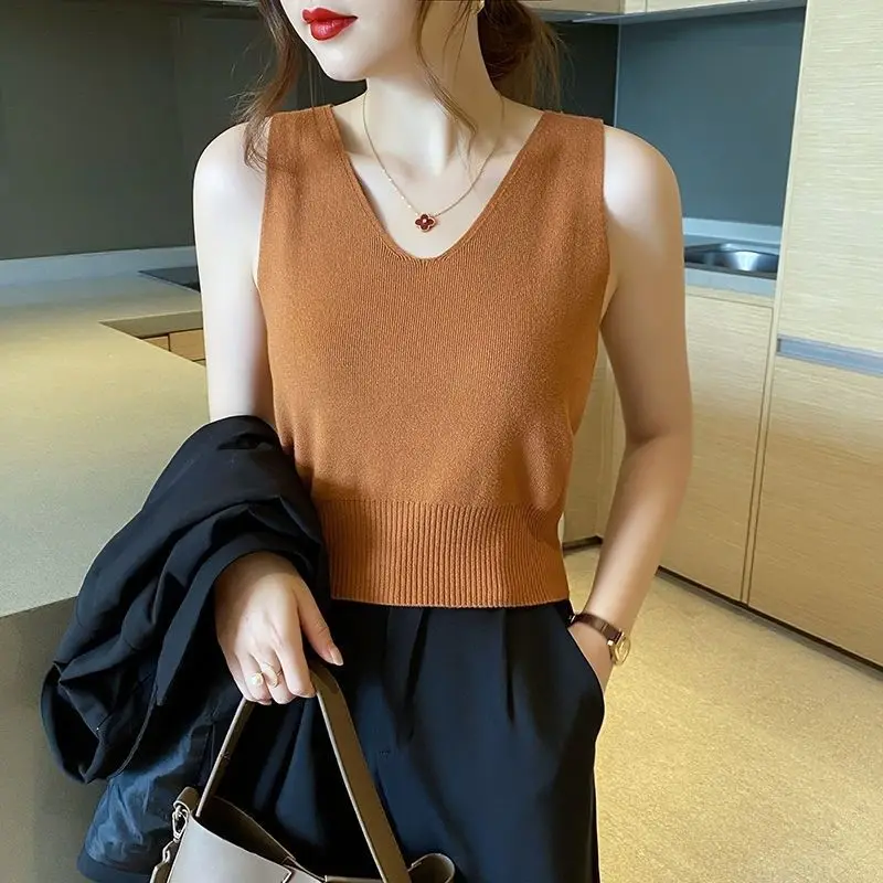 

Yasuk Summer Fashion Woman Solid Casual Sexy Pullover V-Neck Women Office-Lady Slim Tees Bottom Knitted Top Vest All-Match