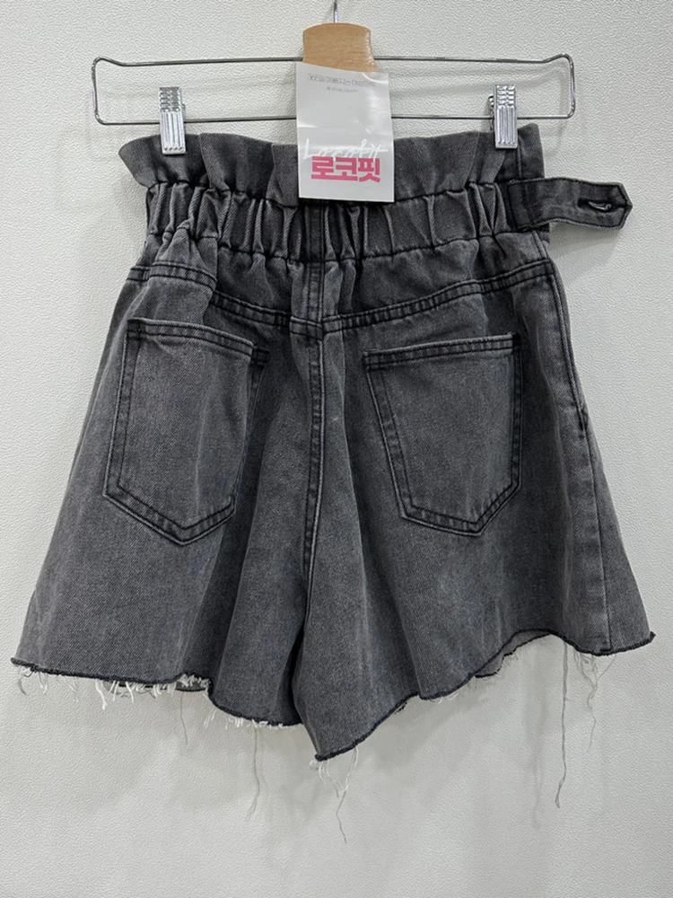 DFRCAEG 2023 Summer Denim Shorts For Women High Waist Stretch Blue Or Black Raw Edge Jeans Short With Pockets Wide Leg Pants