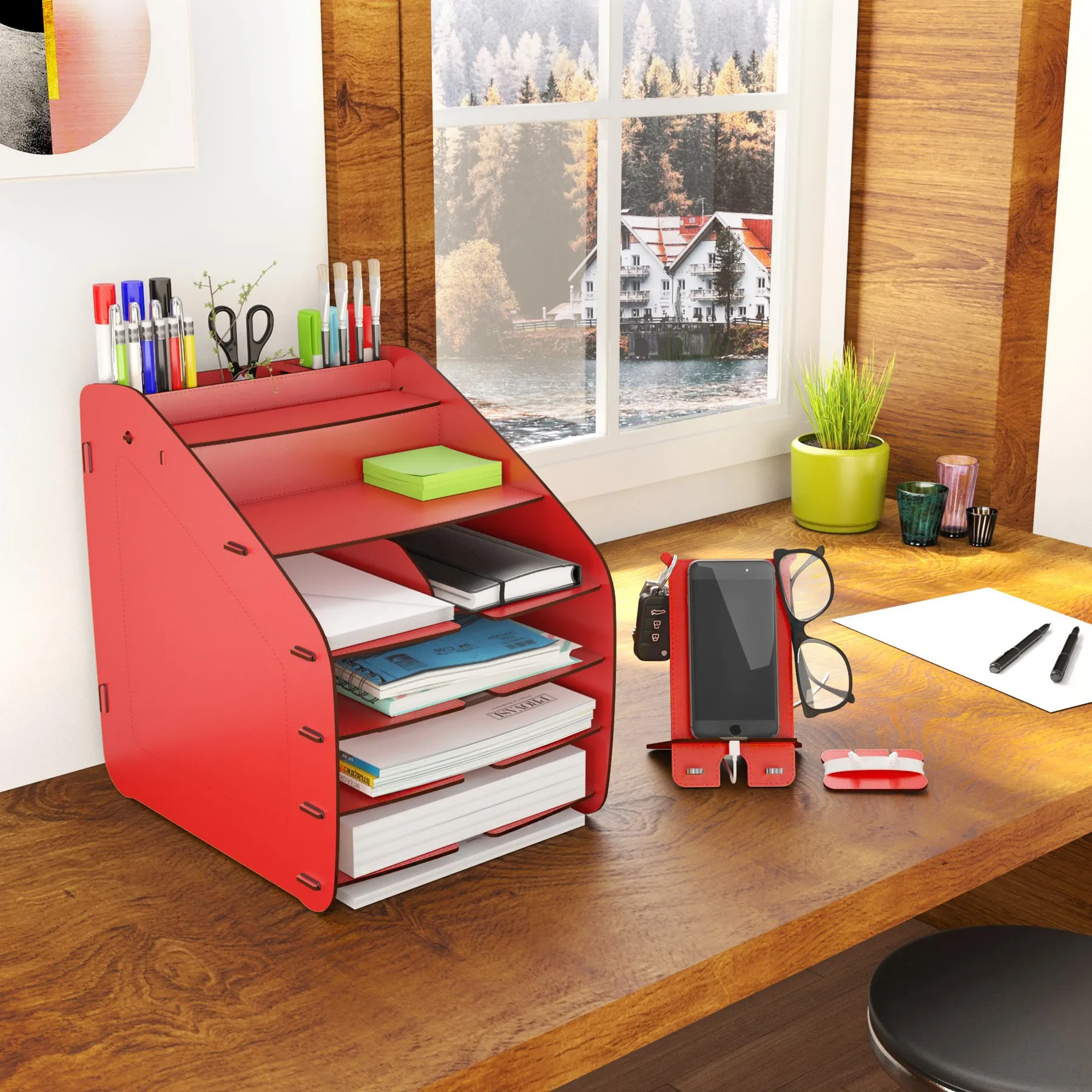 

Design OTTO Red Office Desk Organizer with Pen Holder - File Rack for Office Accessories - A4 - Letter Paper - Stationery