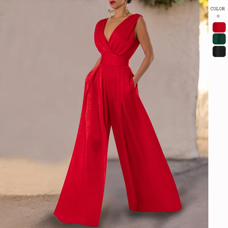 

2023 Fashion Red Long Jumpsuit For Women Summer New High Waist Slim Fit Wide Leg Pants Female Clothing Sexy Deep V-neck Jumpsuit