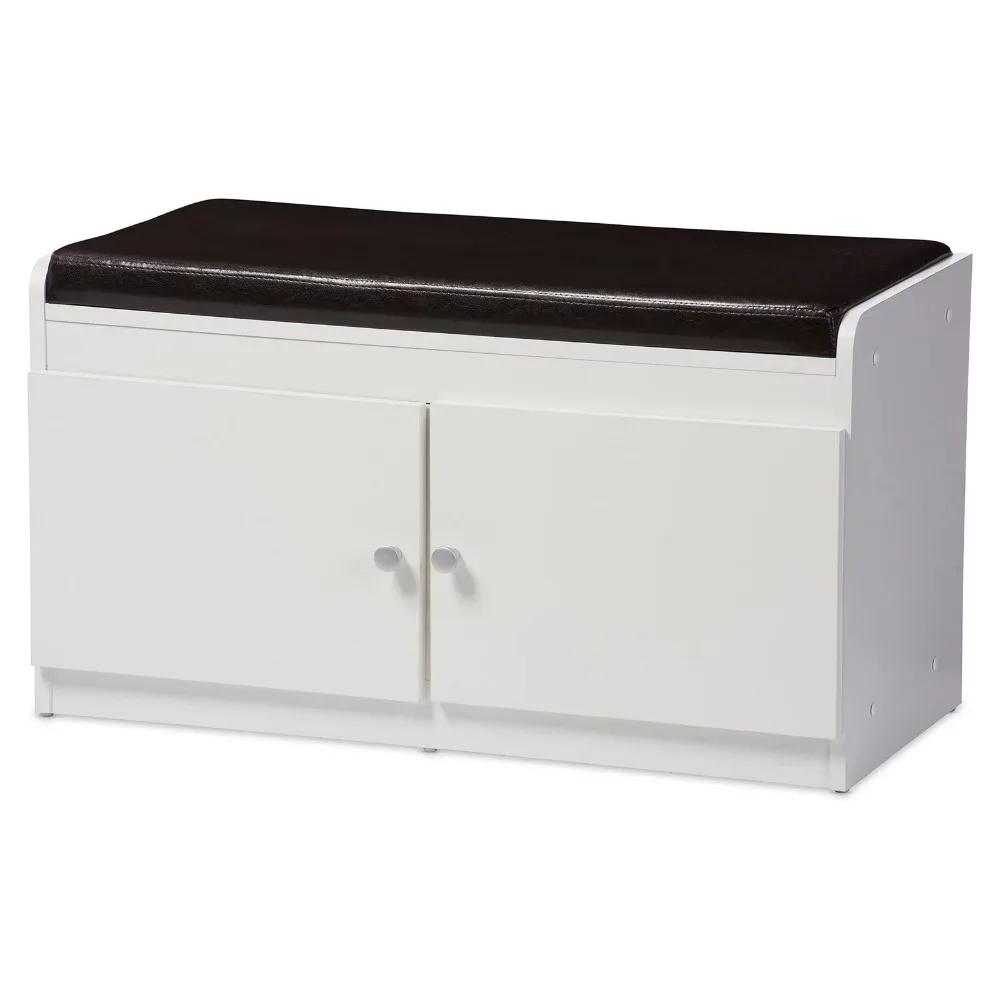 Margaret Modern and White Wood 2-Door Shoe Cabinet with Faux Leather Seating Bench