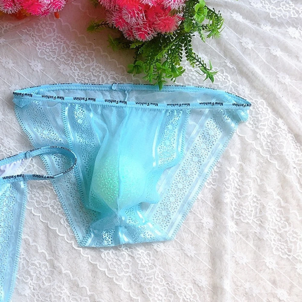 

Sexy Men Lace Sissy Briefs Thin Mesh Sheer Bulge Pouch Bikini Underwear Transparent Thongs Seamless Breathable Underpants