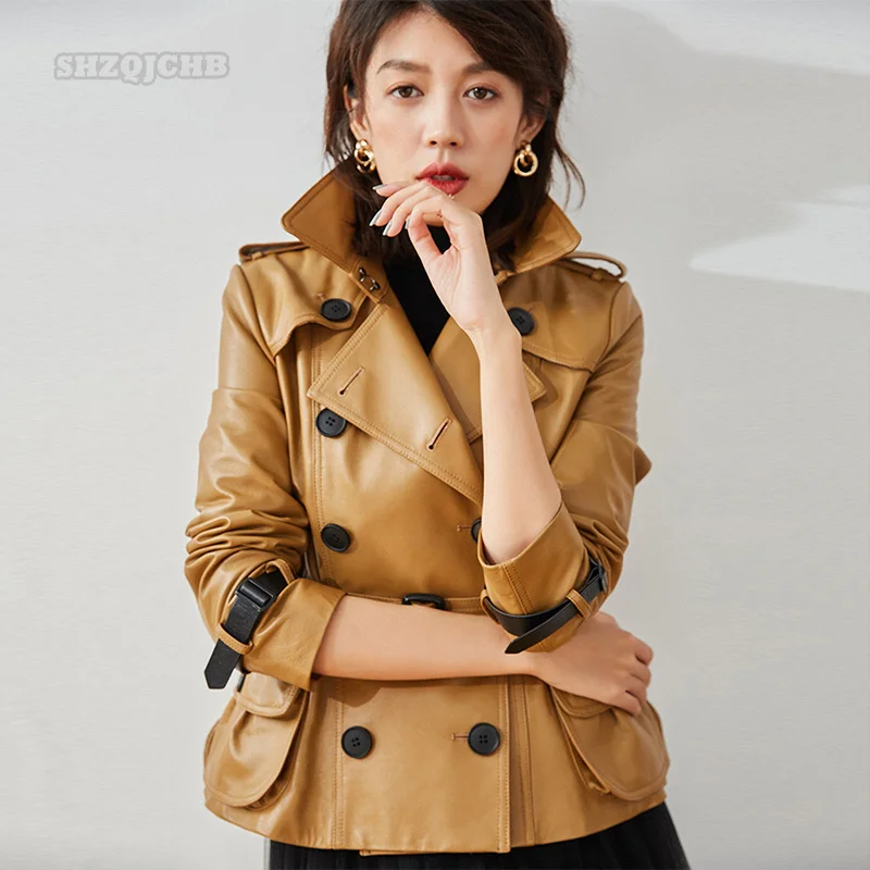 

Coat Women's Fashion Classic Double Breasted Lapel Waistband Temperament Cultivation Short Sheepskin Jacket Leather Coat Women