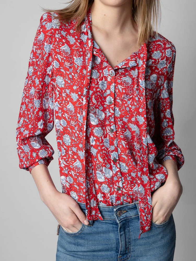 Women Shirt 2022 Spring and Summer French Red Rayon Print Streamer Shirt Women V-neck Floral Long-sleeved Shirt