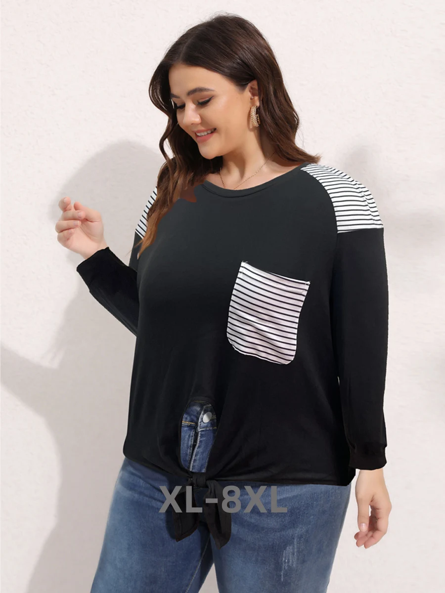

Plus Size Women's T-shirt Colorblock Drop Shoulder Crewneck Striped Print T-shirt Belted Chic and Elegant 3xl 4xl 5xl 6xl