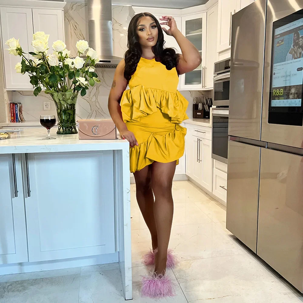 Женский костюм-юбка-миди с оборками и укороченный топ круглым вырезом 2024 летняя