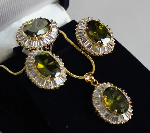 

Hot selling Wholesale Hot '' -tone Inlay Peridot Crystal Necklace Pendant Earring Ring Set -Bride jewelry fr
