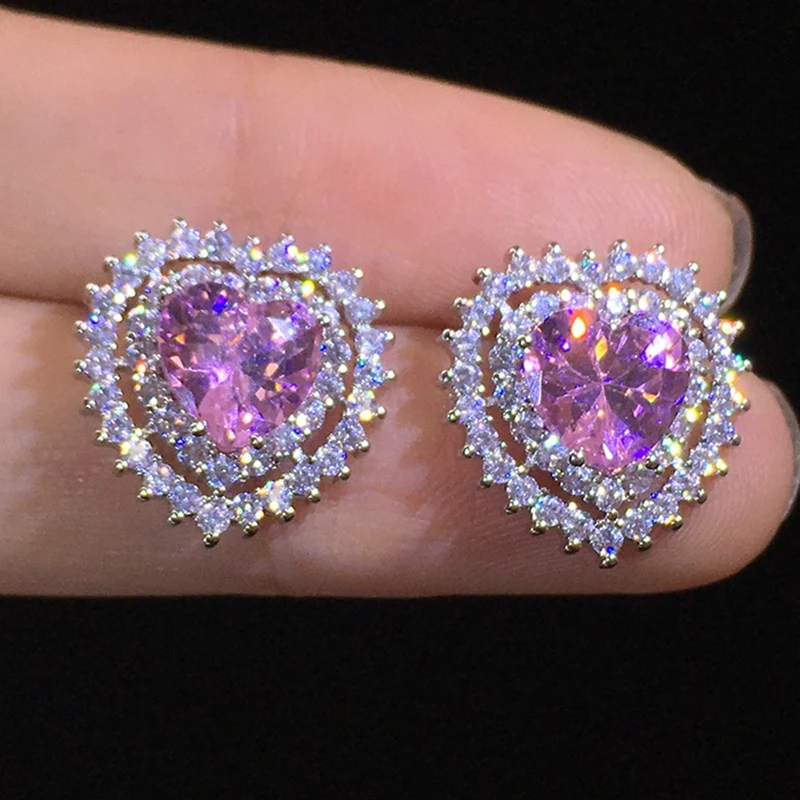 

Brilliant Heart Cut Pink Sapphire Cubic Zirconia Stud Earrings For Women Banquet Party Jewelry Wedding Earrings