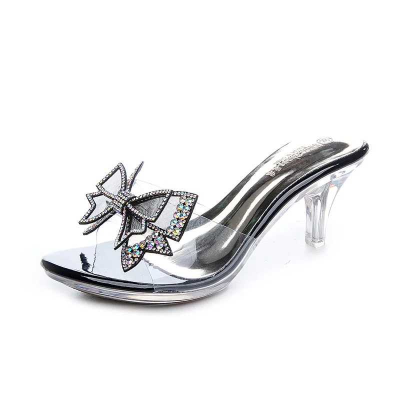 

HOT Female Slipper Shoes Crystal High Heels Butterfly-knot Women Shoes Transparent Summer Peep Toe Women Slipper PVC 6.5CM