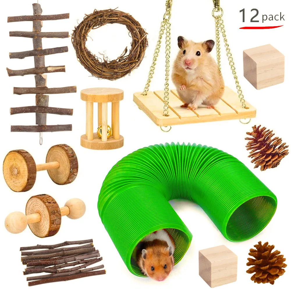 

12/10Pcs Hamster Wooden Set Toys Small Animal Gerbils Guinea Pigs Chinchilla Chew Toys Interactive Teeth Cleaning Molar Toys