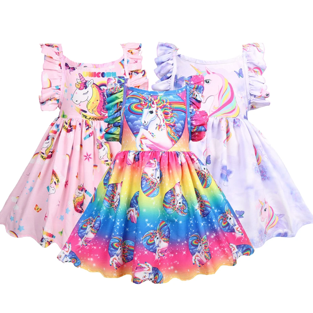 Vestido de algodón puro para niñas, ropa de fiesta para niñas pequeñas, con estampado completo de unicornio, de verano