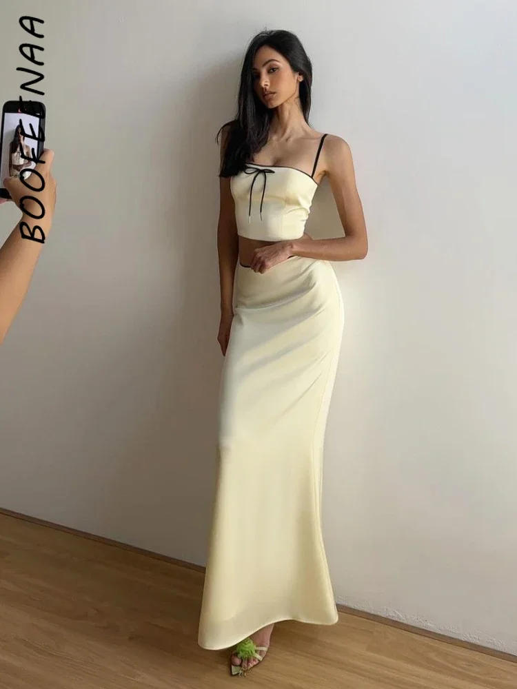 BOOFEENAA атласный комплект из двух предметов короткий топ и юбка макси сексуальные