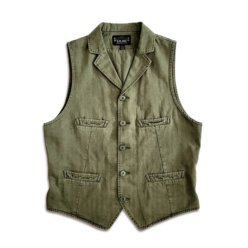 

Men's Vest Herringbone Cotton Slim Fit Suit Collar Multi-pockets Single-breasted Waiscoat Wedding Casual Elegant Gilets
