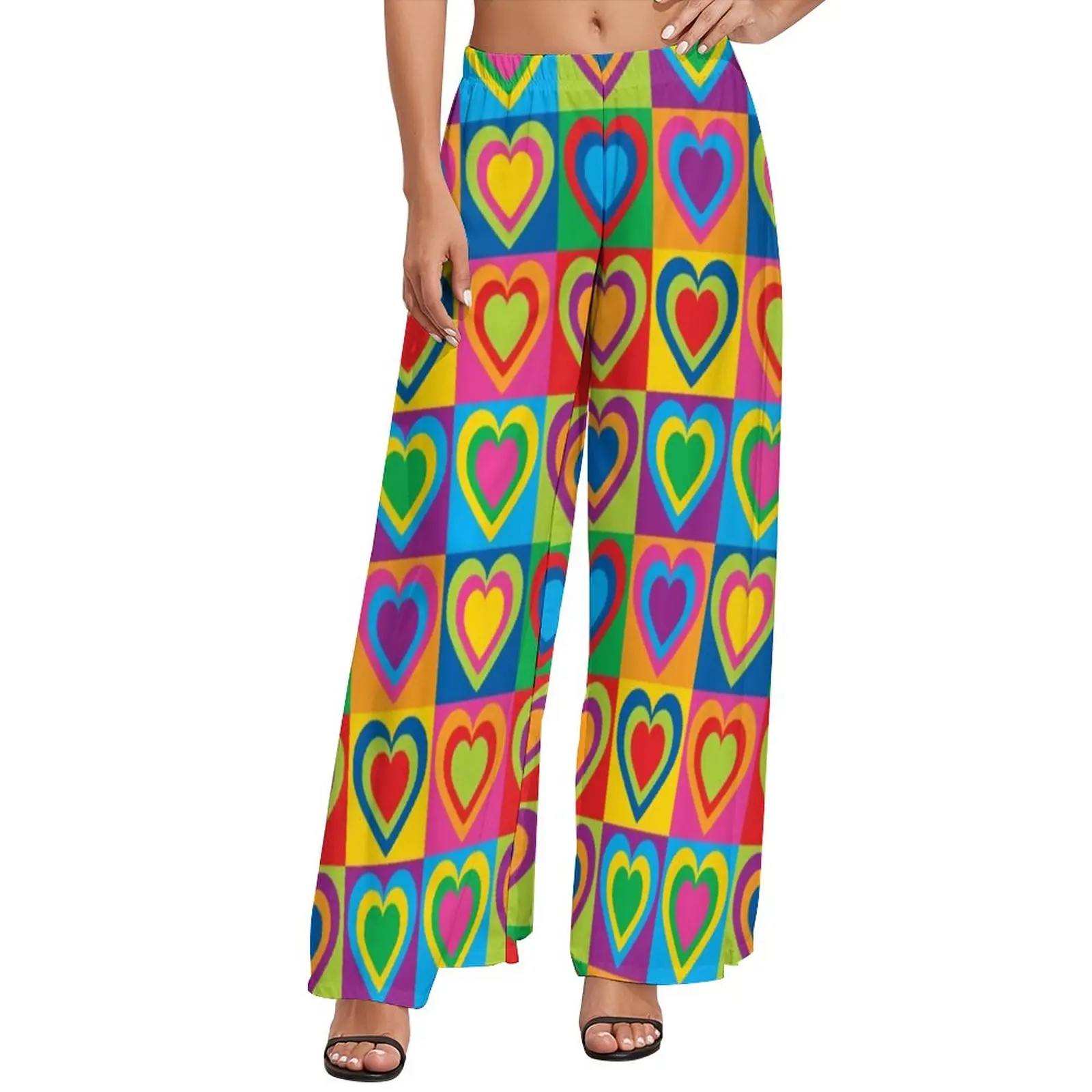 

Colorful Heart Print Pants Pop Art Hearts Modern Wide Pants Ladies Oversize Street Style Printed Straight Trousers