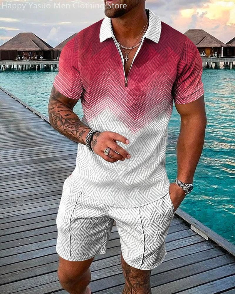 Men's Sets T-shirts Two Piece Sportwear Tracksuit/Tops/Shorts Sport Casual Suit New Summer Male Zipper Polo Shirt + Shorts Set