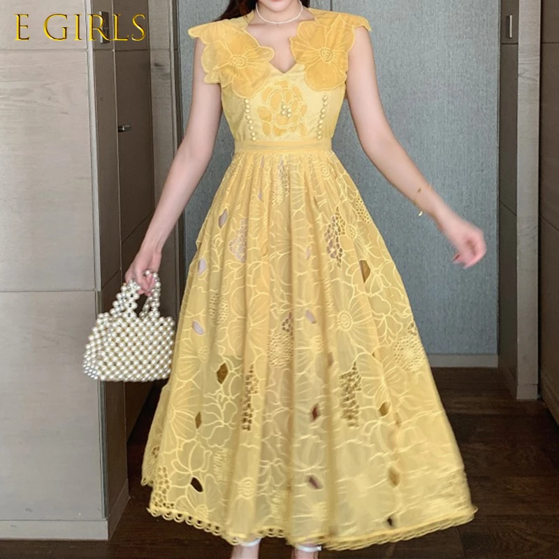 2021 Sleeveless Backless Lace Solid Yellow Embroidery Sundress Women Dress Party Boho Runway Beach Summer Sexy Woman Vestido