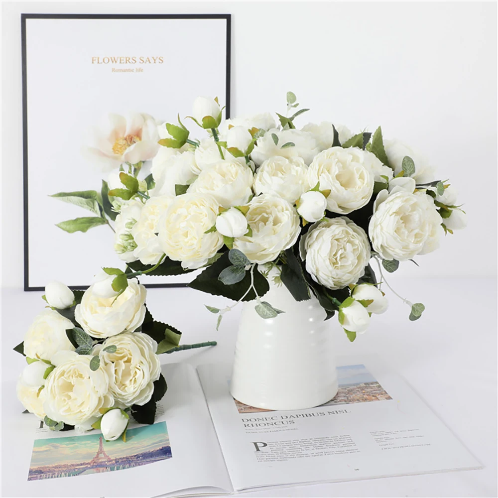 

1 Bouquet 9 Heads Silk Peony Tea Roses Artificial Flowers for DIY Home Living Room Garden Wedding Decoration Autumn Fake Flower