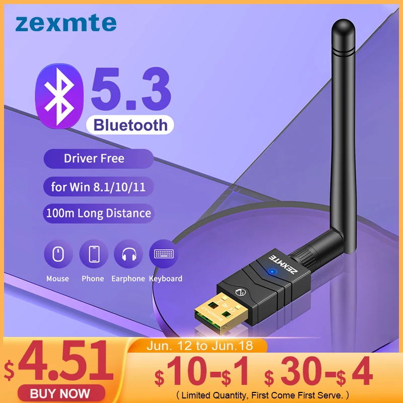 Zexmte 100M Bluetooth 5.3 Adapter Free Driver USB Bluetooth Dongle Adaptador for PC Windows 11/10 Mouse Keyboard Audio Receiver