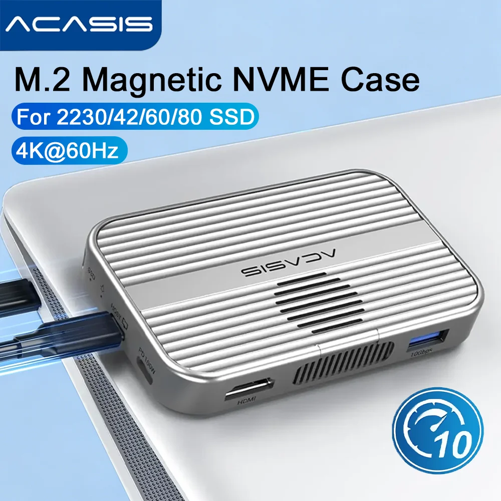 Фото Магнитный корпус Acasis для M.2 NVME SSD, док-станция USB C 10 Гбит/с с охлаждающим вентилятором, поддержка HDMI 4K60HZ, слоты для карт SD/TF для iPhone 16 17. №1