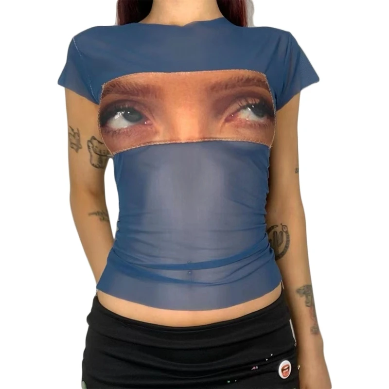 

Футболка женская в стиле Харадзюку, винтажный облегающий топ с забавным принтом глаз, с круглым вырезом и коротким рукавом, прозрачная сетч...