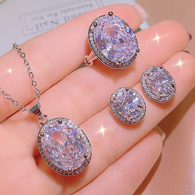 

Uilz 2022 New Fashion Wedding Banquet Ellipse Shape Bling Blue Zircon Stone Silver Color Jewelry Set Ring Earring Necklace Sets