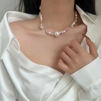 irregular small broken silver color beaded pearl pendant necklace daily fashion chain choker for women