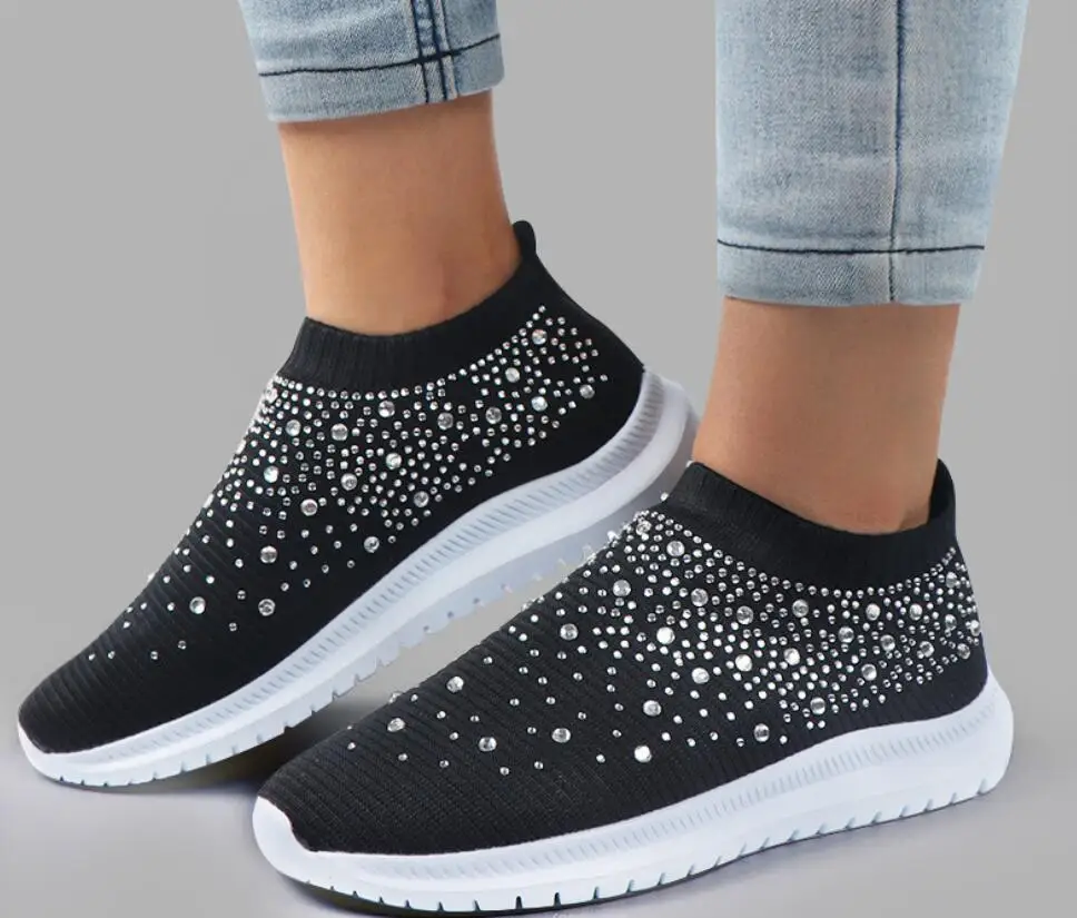 New Women Sneakers Rhinestone elastic socks shoes Mesh Platform  Shoes White Breathable Socofy Casual Shoes Women Flats Shoes