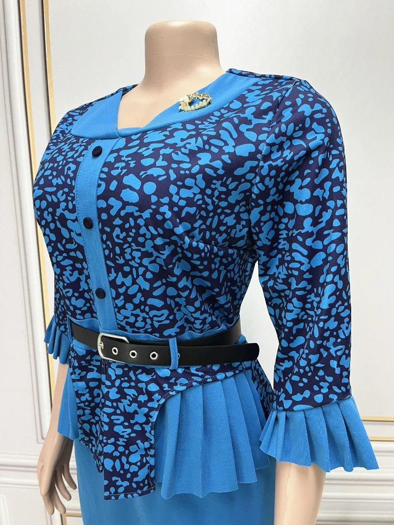 Snow Leopard Printed 2 Piece Sets Women V Neck Patchwork Pleated Top with Belt Solid Skirt Vintage African Event Big Size Suits
