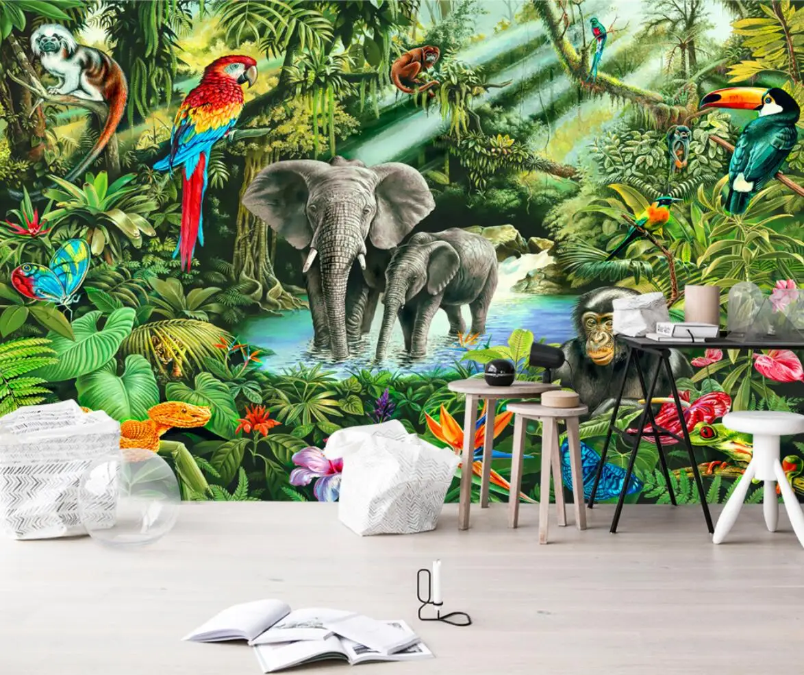 

custom Southeast Asia tropical plants animal Photo Mural wallpapers for Living Room TV Sofa Backdrop Wallpaper monkey elephant