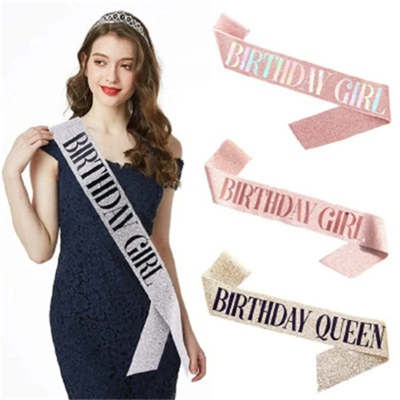 

New Gold Stamping Etiquette Glitter Powder Non-woven Cloth Birthday Girl Rhinestone Crown Hair Hoop Set Birthday Party Decor
