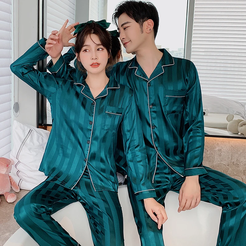 CAIYIER Autumn Winter Couple Pajamas Set Silk Stripe Lovers Nightwear Men & Women Sexy Sleepwear Long Sleeve Home Loungewear