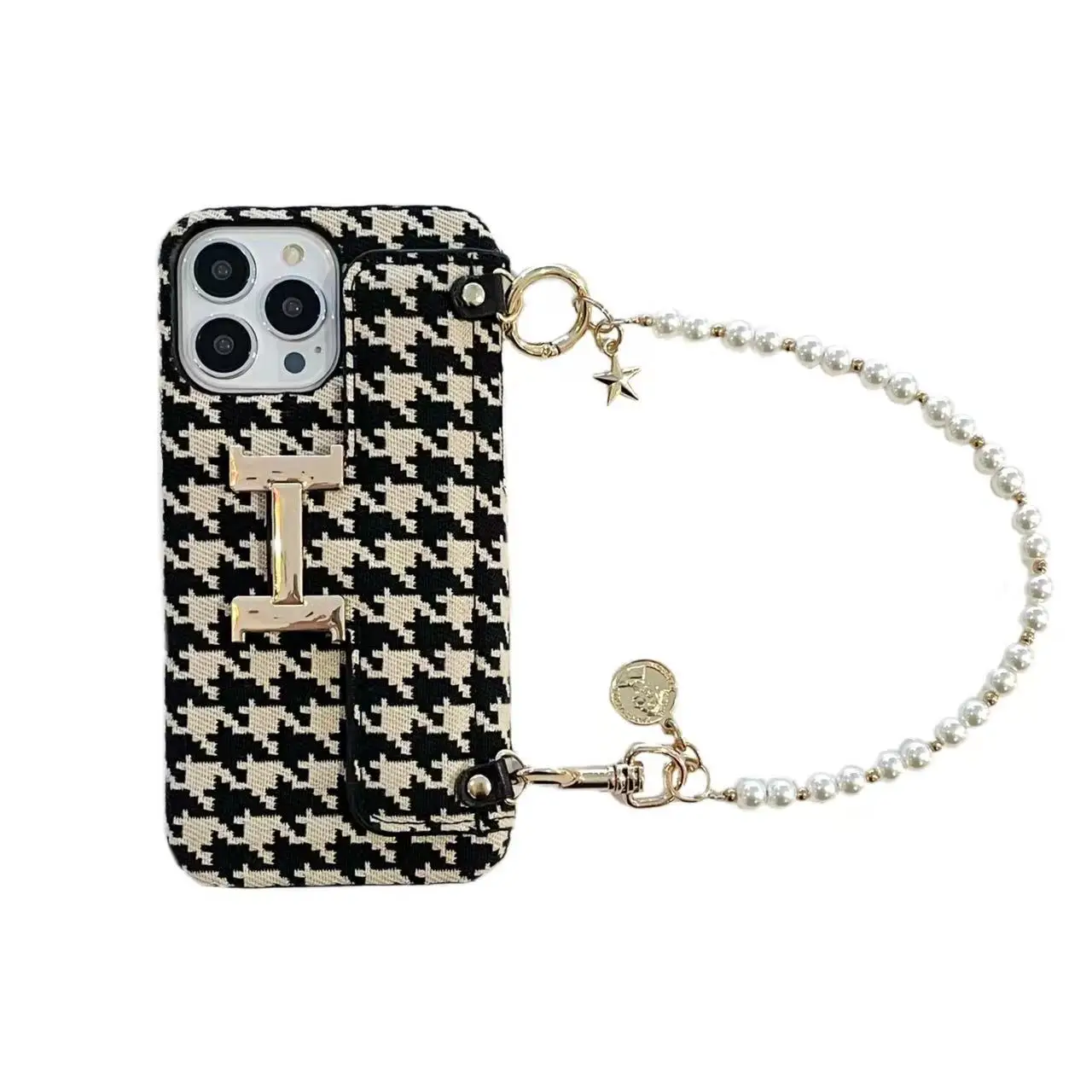 Premium Fashion Crossbody Lanyard Houndstooth Leather PatternPhone Case Pearl Chain Shell bag for iphone11 12 13 Pro Max X XS XR