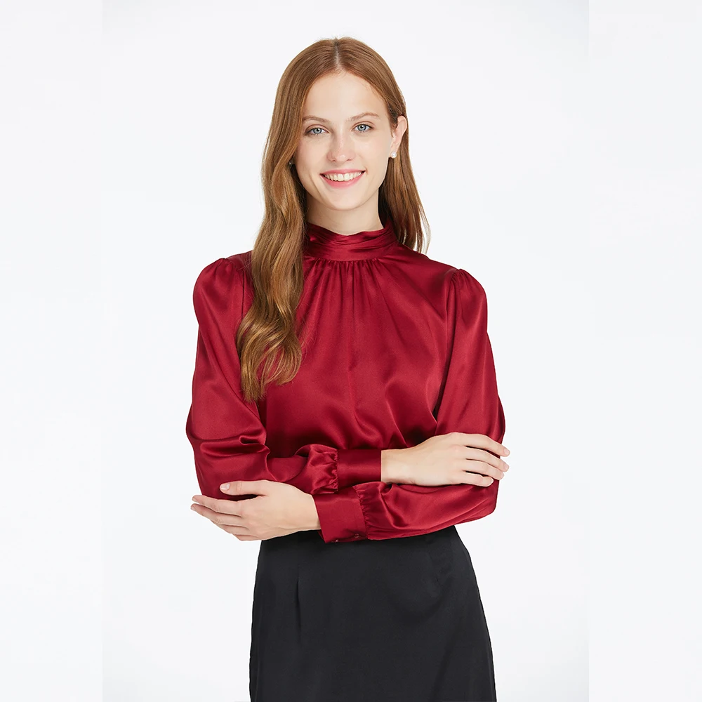 

Retro Style Real Silk Long Sleeve Blouse Women Elegant 19 Momme Summer Solid Shirts Office Ladies Fashion Temperament Tops