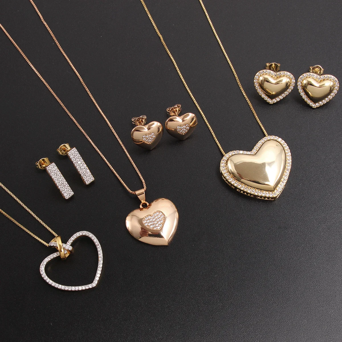 

MHS.SUN Double Heart Necklace Earrings Set High Quality Zircon Nceklaces For Women Birthday Gift Fashion Gold Colorful Jewelry
