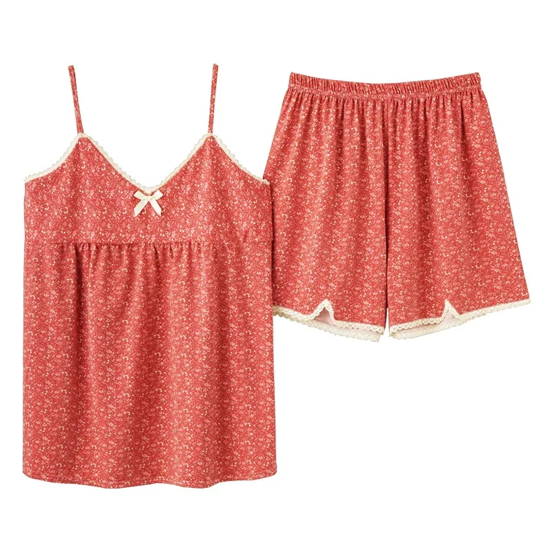 CAIYIER Flower Girls Nightwear V-Neck Sling Top + Long Pants Sexy Sleepwear For Women Leisure Pajamas Set Summer Lingerie Sets