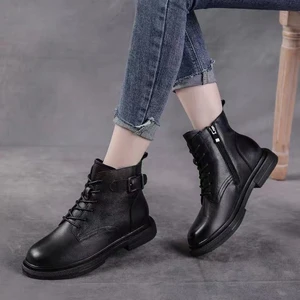 British style Martin boots women's autumn winter new leather comfort belt buckle flat boots non-slip boots