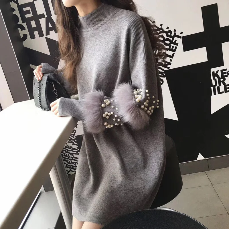 

2021 Autumn and Winter Women New Soild Sleeves Loose Furry Beaded Mid-length Half-high Collar Sweater Dress Pullover Sweater