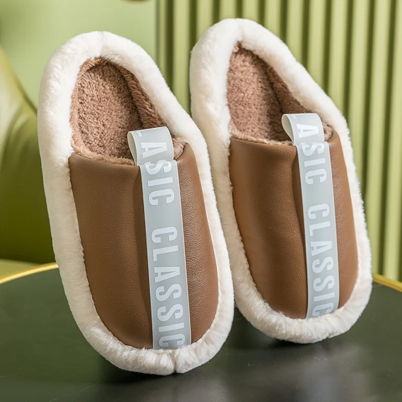 Women slippers home Plus size PU Leather Slippers house Winter Waterproof indoor Fur Male Memory foam Massage Cotton slipper